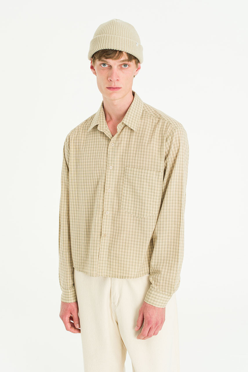 Menswear | Cropped Linen Check Shirt, Beige