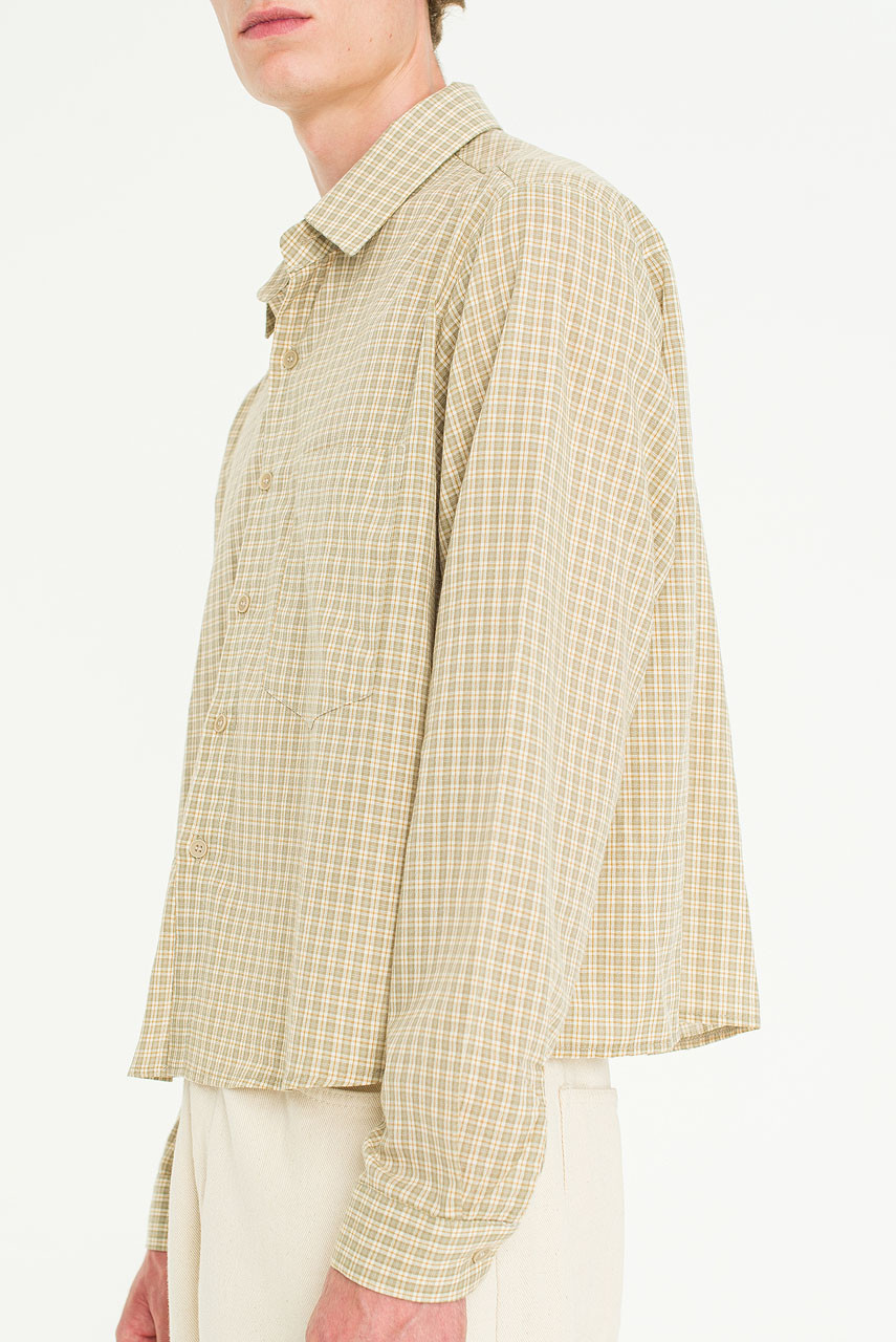 Menswear | Cropped Linen Check Shirt, Beige