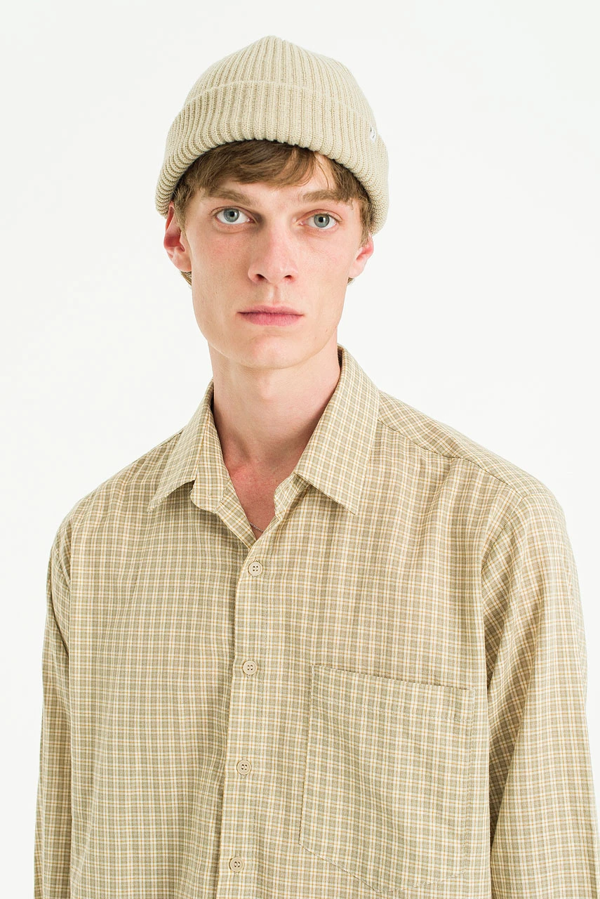 Menswear | Cropped Linen Check Shirt, Beige