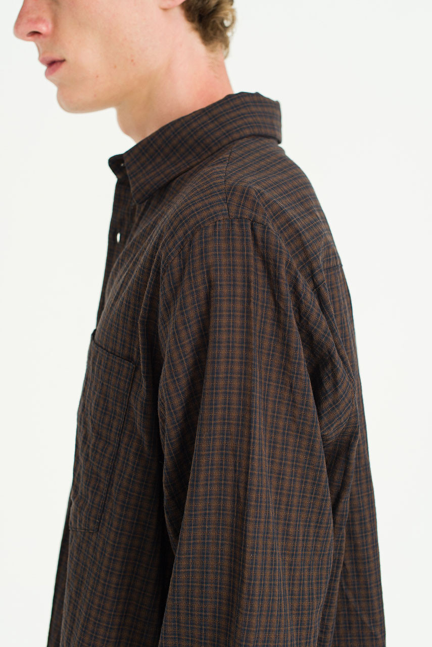 Menswear | Cropped Linen Check Shirt, Brown