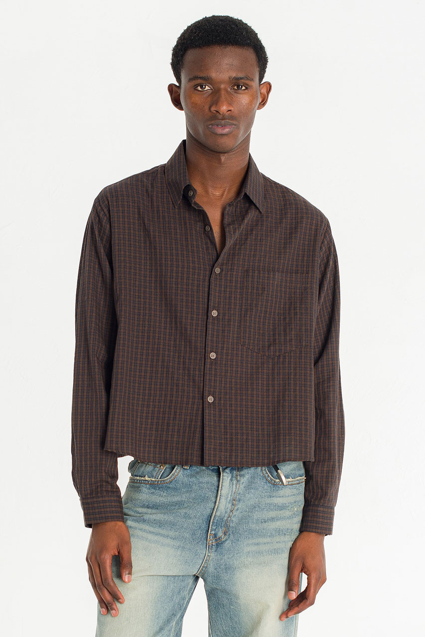 Menswear | Cropped Linen Check Shirt, Brown