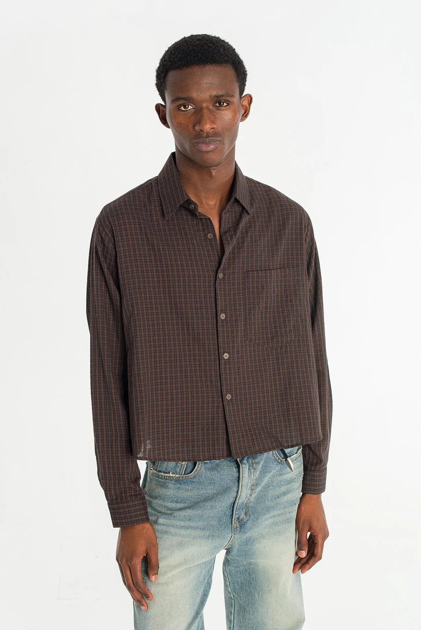 Menswear | Cropped Linen Check Shirt, Brown