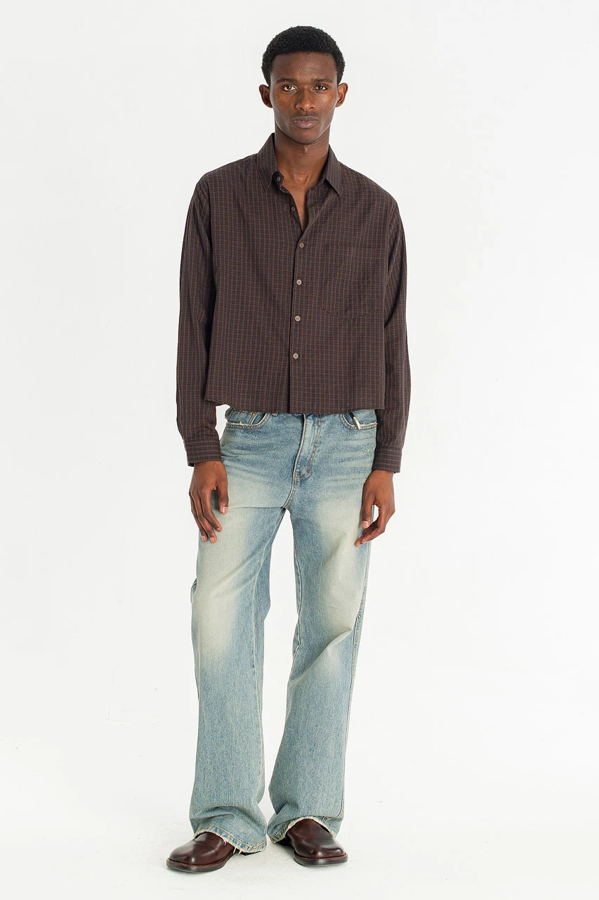 Menswear | Cropped Linen Check Shirt, Brown