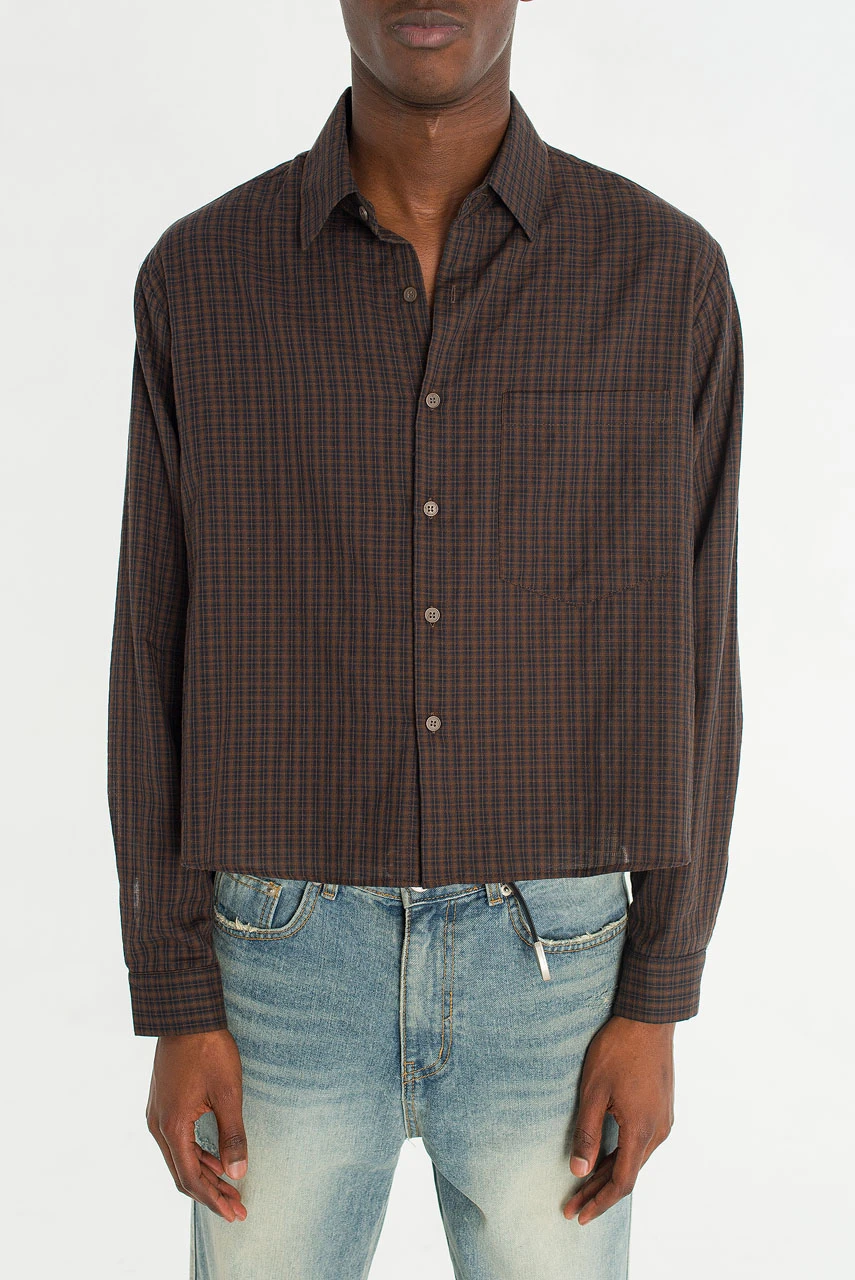 Menswear | Cropped Linen Check Shirt, Brown