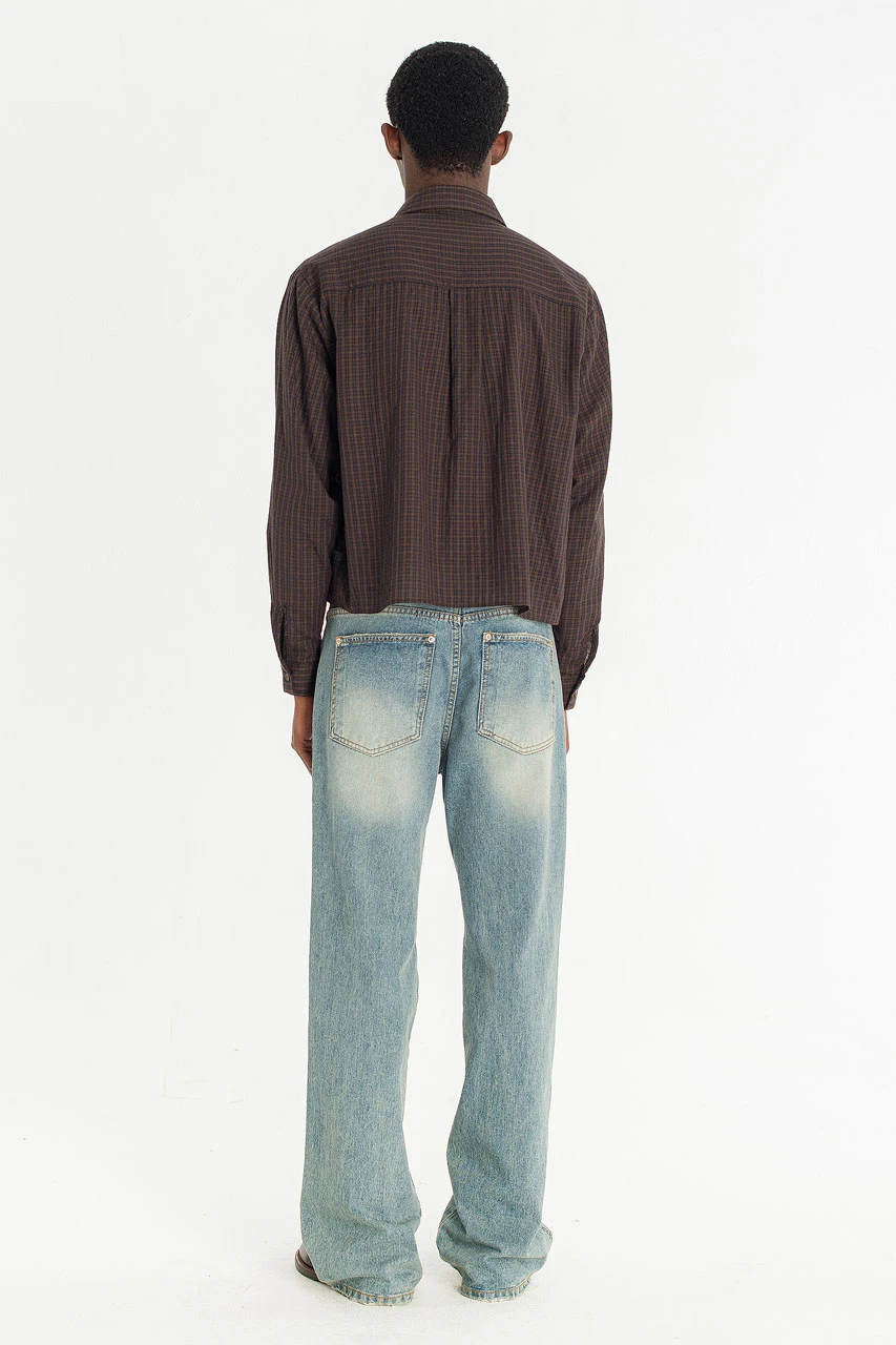 Menswear | Cropped Linen Check Shirt, Brown