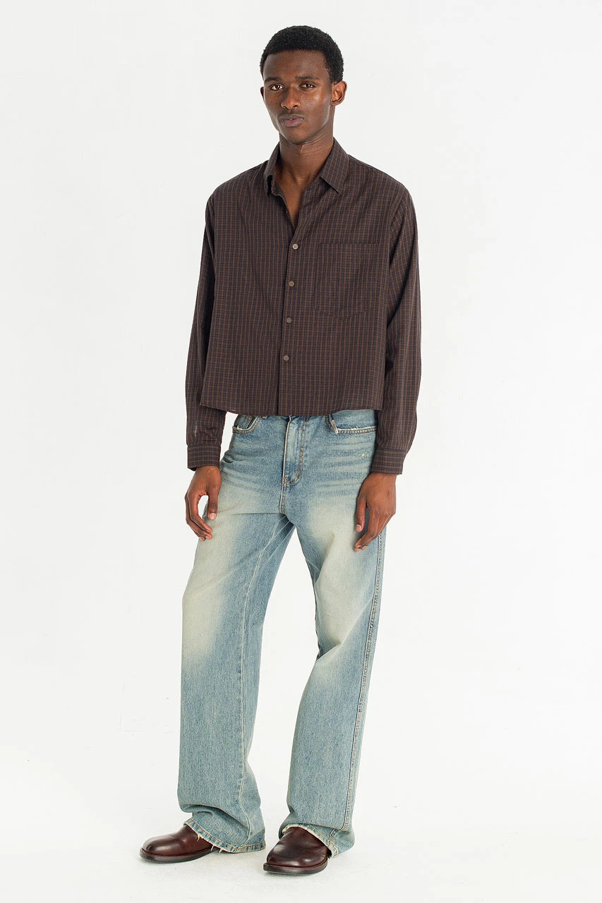 Menswear | Cropped Linen Check Shirt, Brown