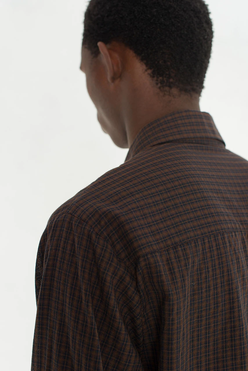 Menswear | Cropped Linen Check Shirt, Brown