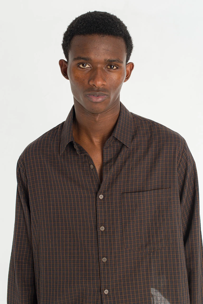 Menswear | Cropped Linen Check Shirt, Brown