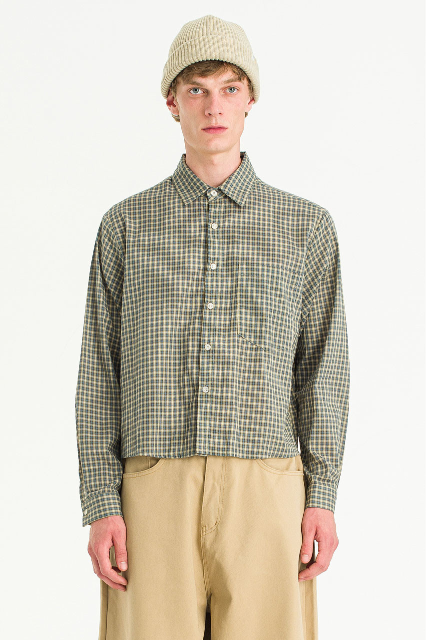 Menswear | Cropped Linen Check Shirt, Mint