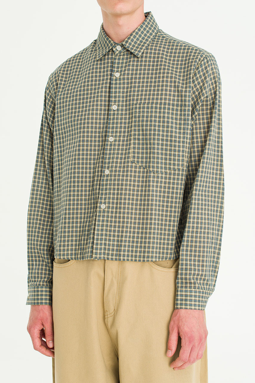 Menswear | Cropped Linen Check Shirt, Mint