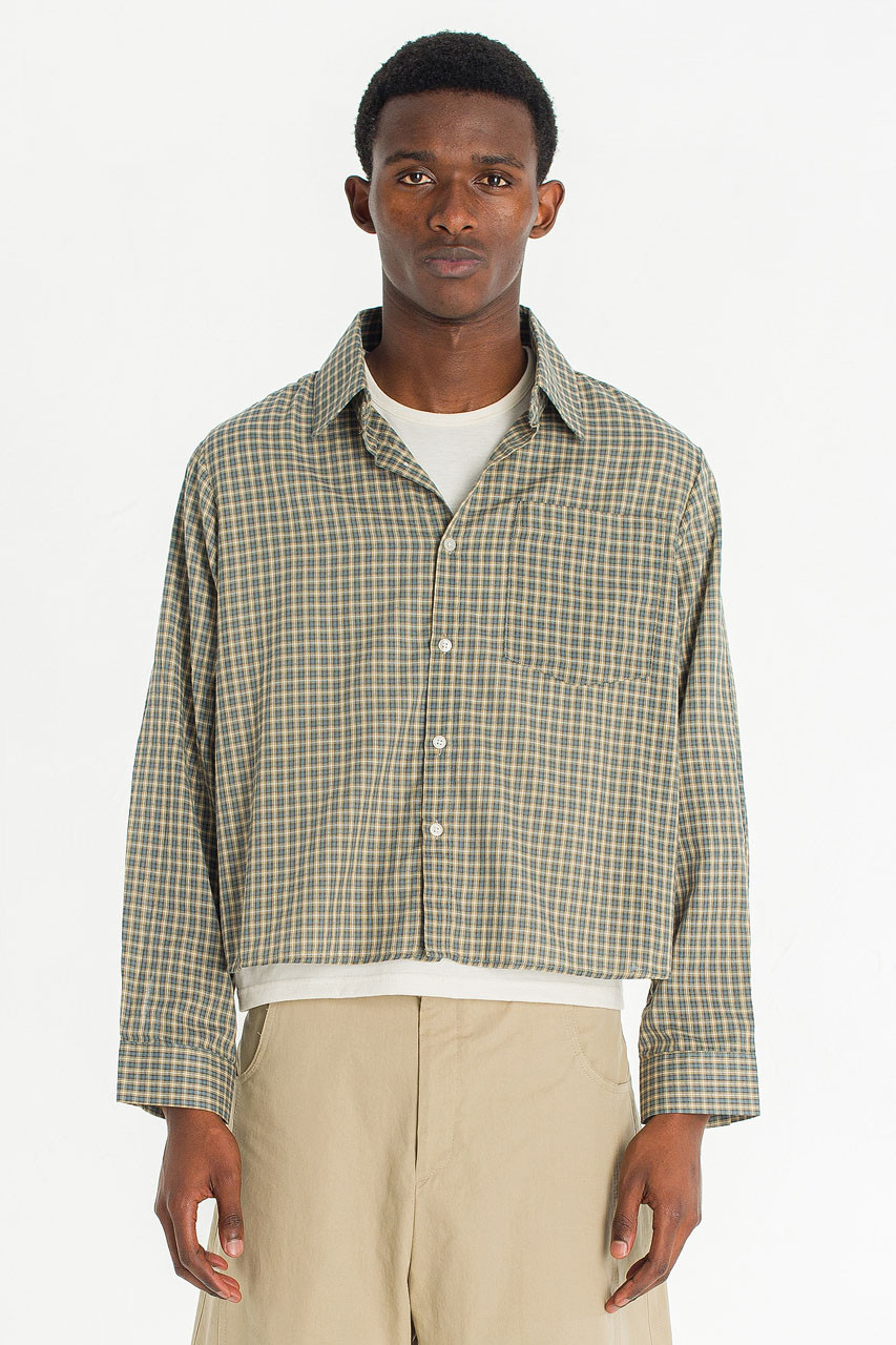 Menswear | Cropped Linen Check Shirt, Mint