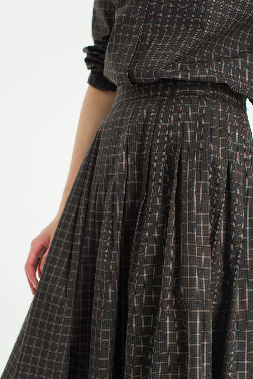 Plaid Line Check Skirt, Dark Brown