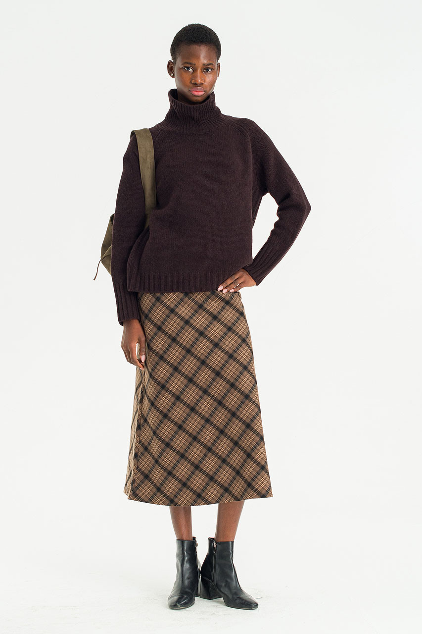 Mare Check Long Skirt, Brown