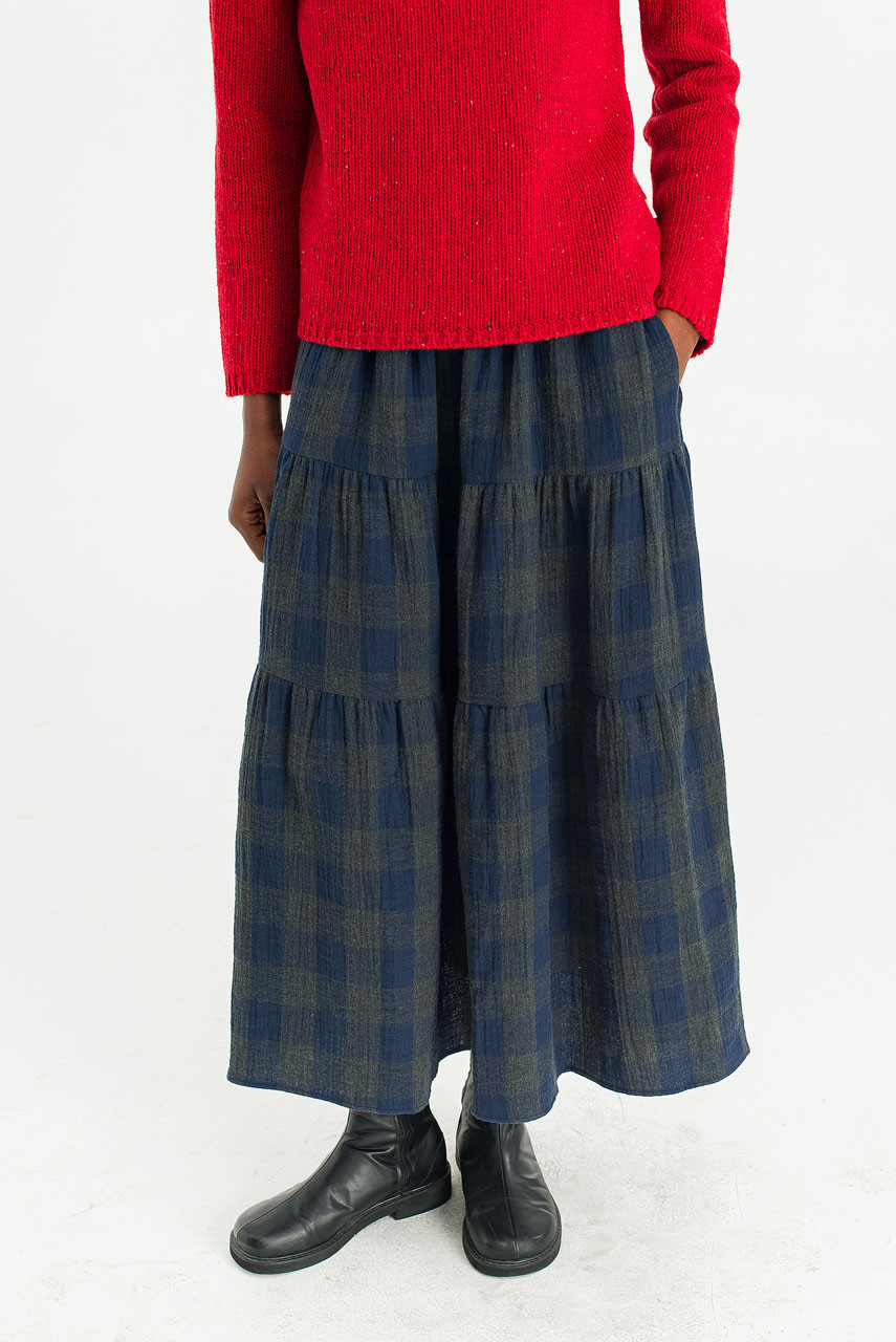 Tasha Double Face Check Skirt, Navy