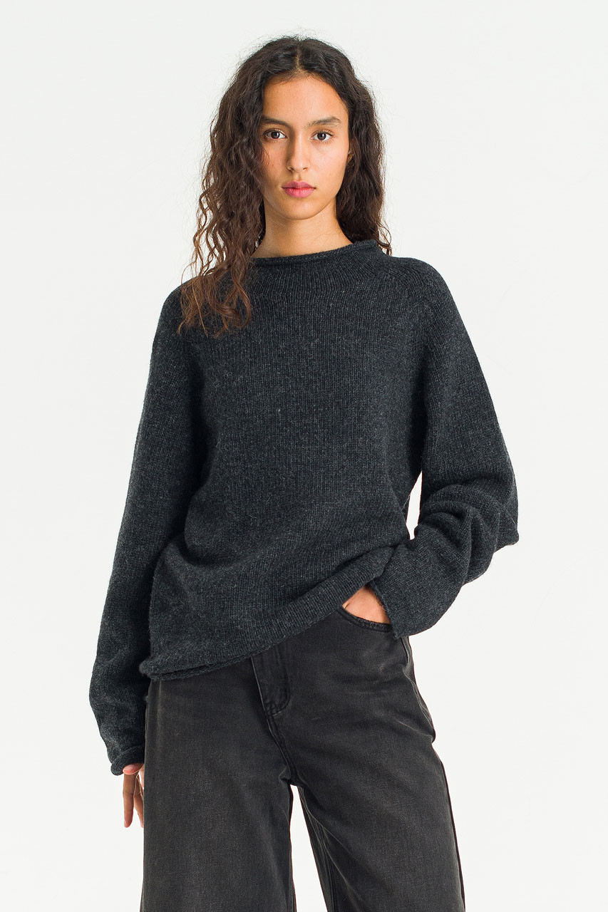 Boat Neck Wool Boxy Jumper, Charcoal