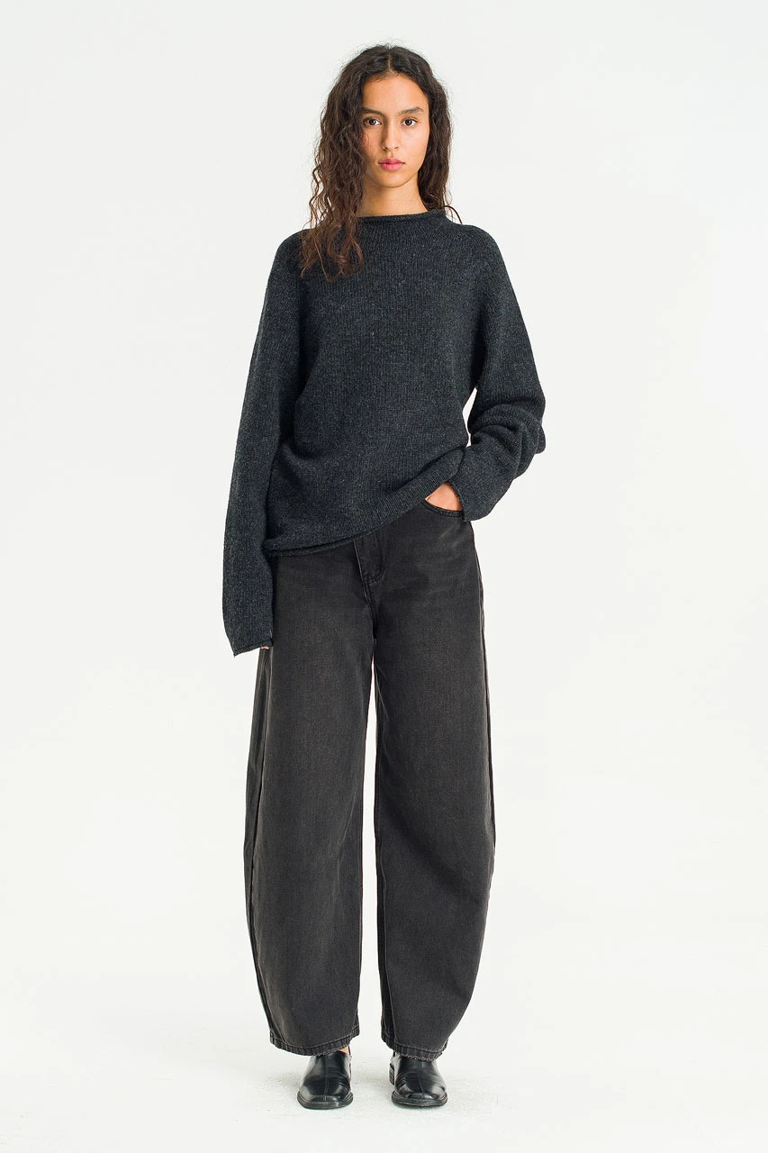 Boat Neck Wool Boxy Jumper, Charcoal