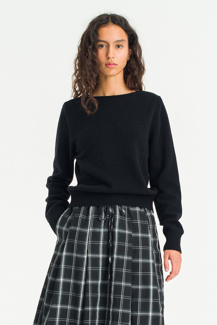 Fine Wool Boat Neck Jumper, Black