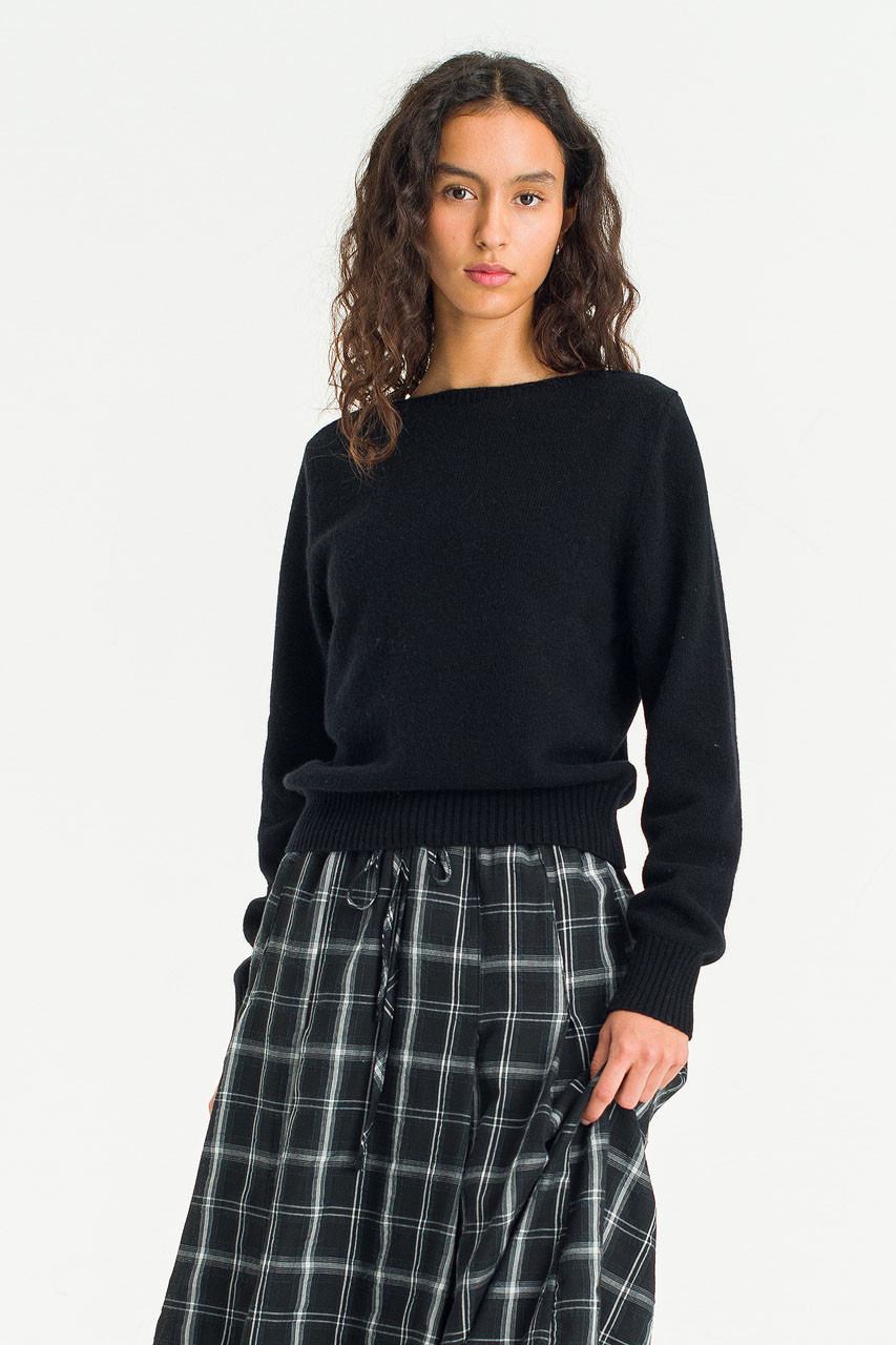 Fine Wool Boat Neck Jumper, Black