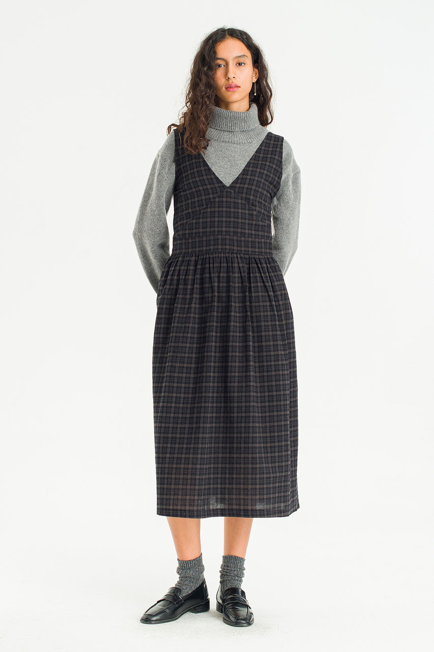 Pure Check V Neck Dress, Check Black