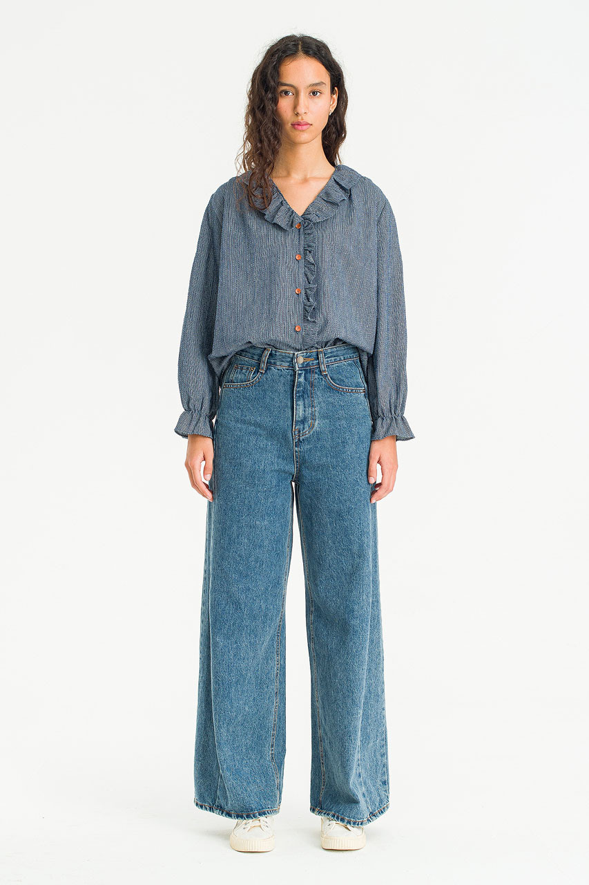 Vale Stripe Frill Blouse, Navy