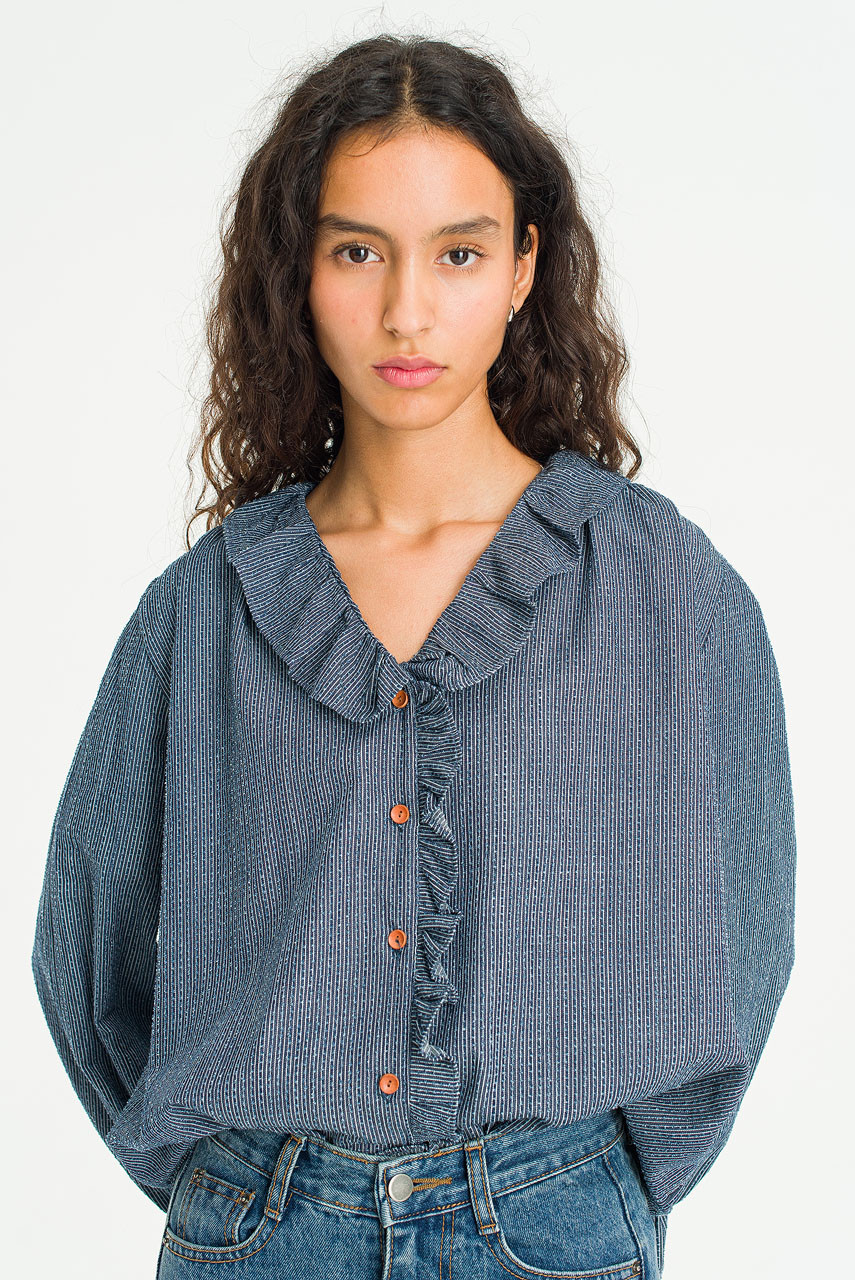 Vale Stripe Frill Blouse, Navy