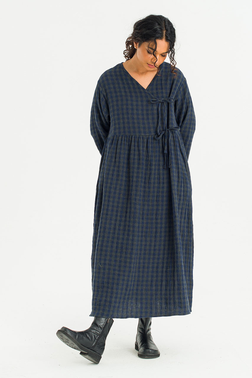 Tasha Double Face Wrap Check Dress, Navy