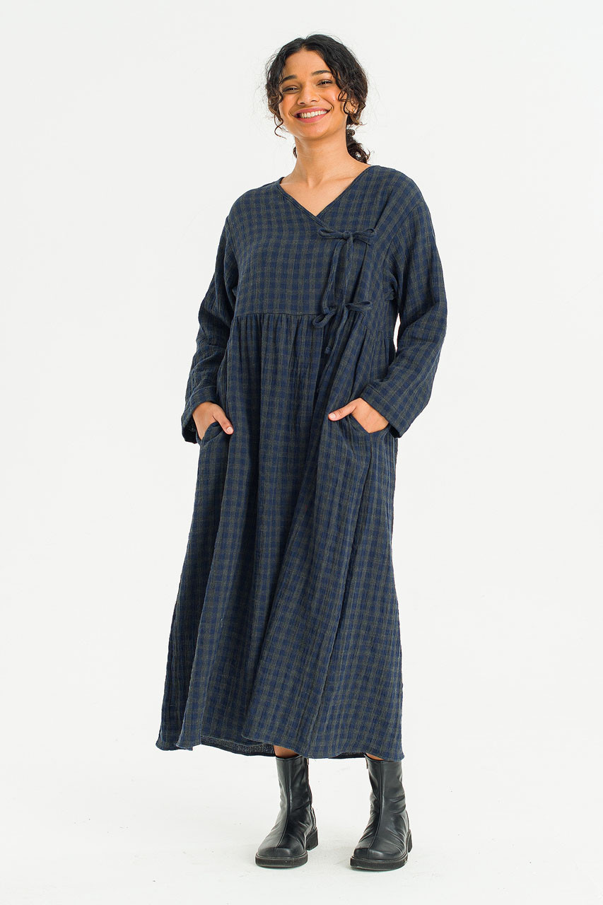 Tasha Double Face Wrap Check Dress, Navy