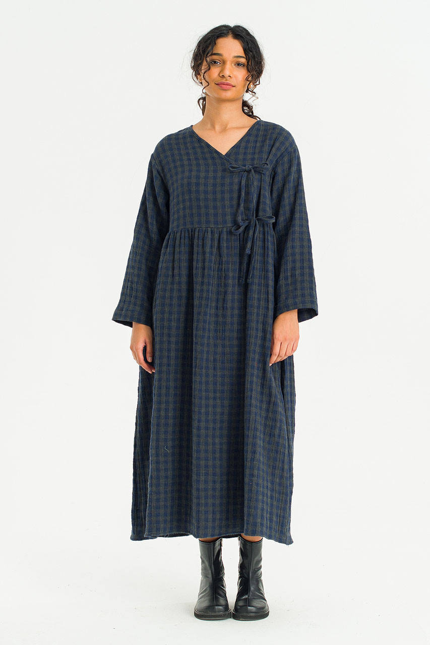 Tasha Double Face Wrap Check Dress, Navy