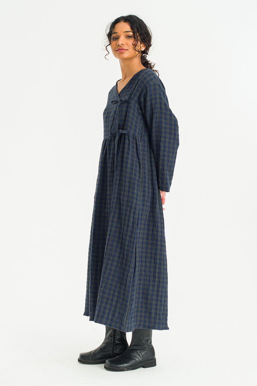 Tasha Double Face Wrap Check Dress, Navy