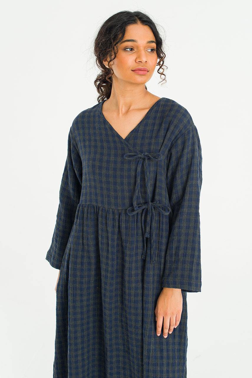 Tasha Double Face Wrap Check Dress, Navy