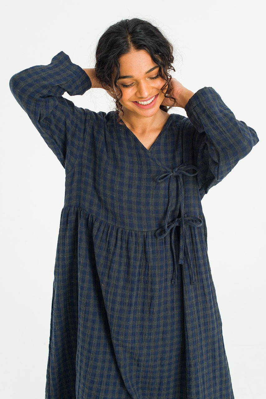 Tasha Double Face Wrap Check Dress, Navy