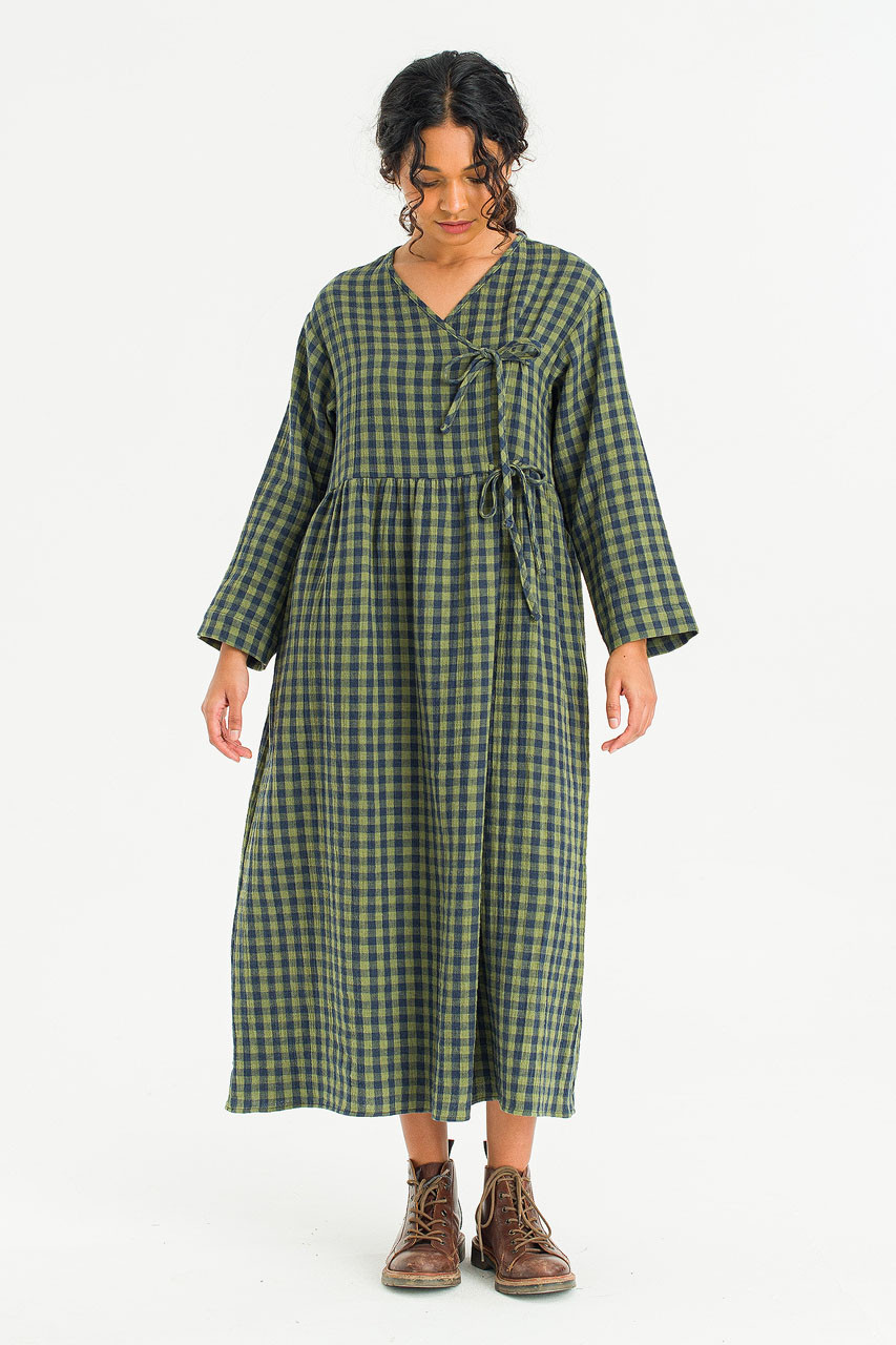 Tasha Double Face Wrap Check Dress, Green