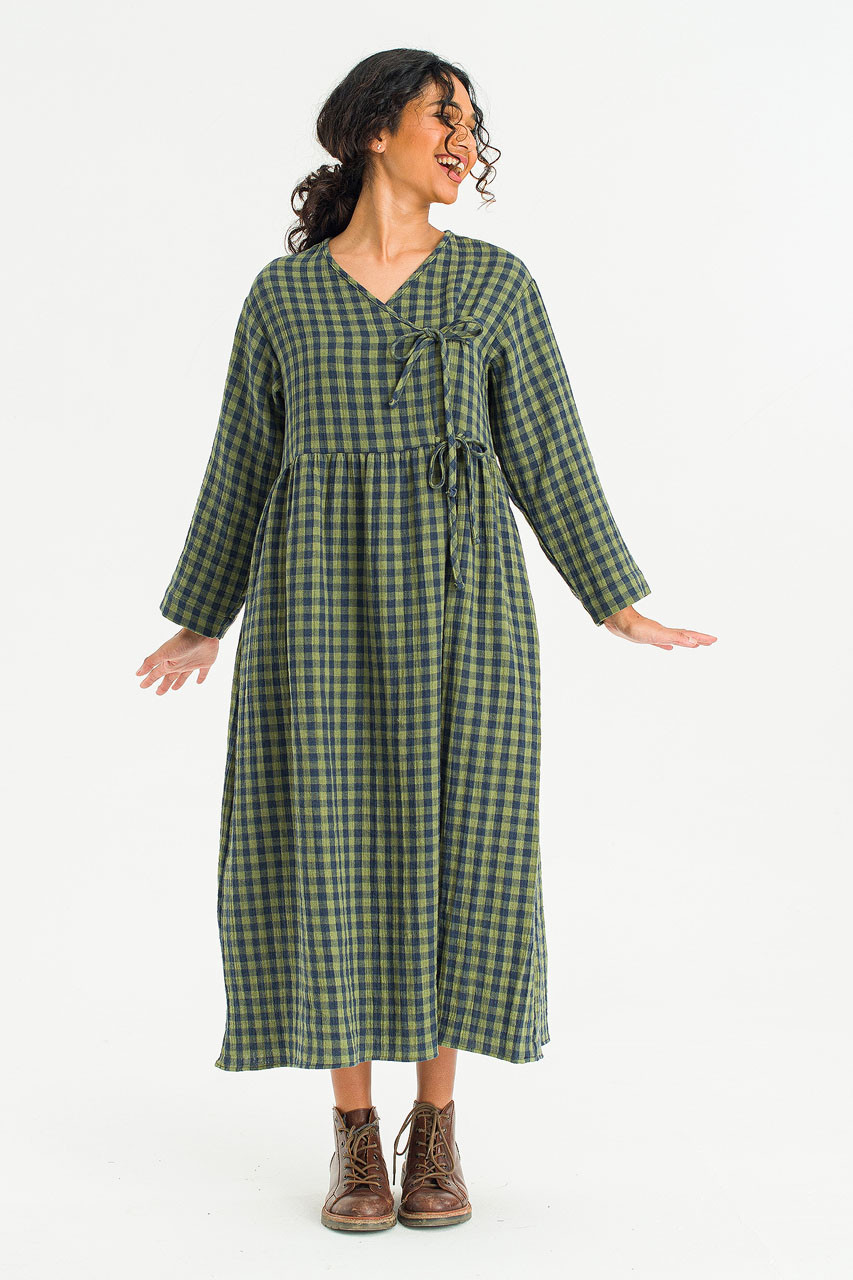 Tasha Double Face Wrap Check Dress, Green