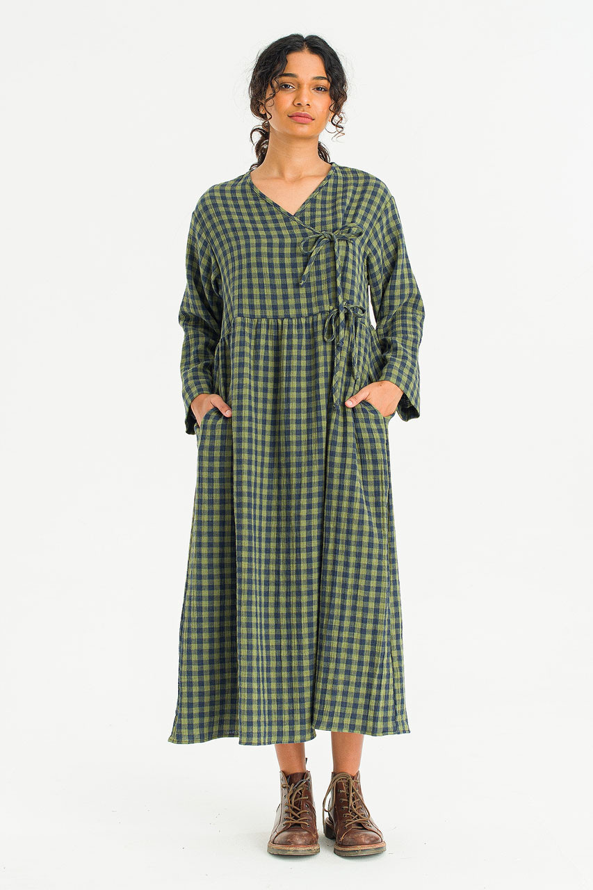 Tasha Double Face Wrap Check Dress, Green