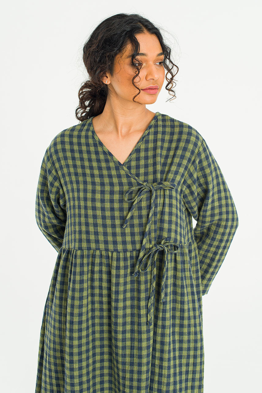 Tasha Double Face Wrap Check Dress, Green