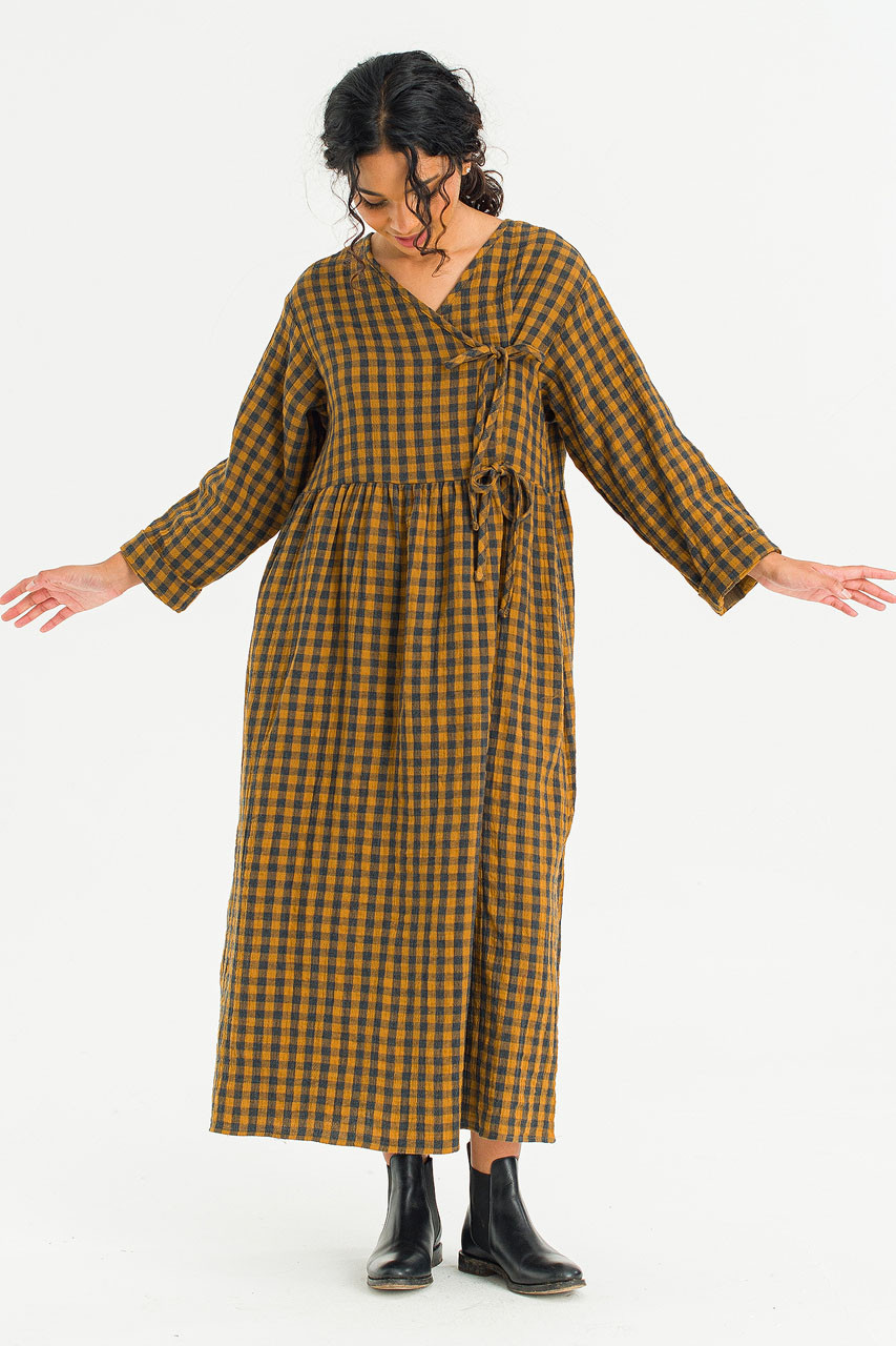 Tasha Double Face Wrap Check Dress, Mustard