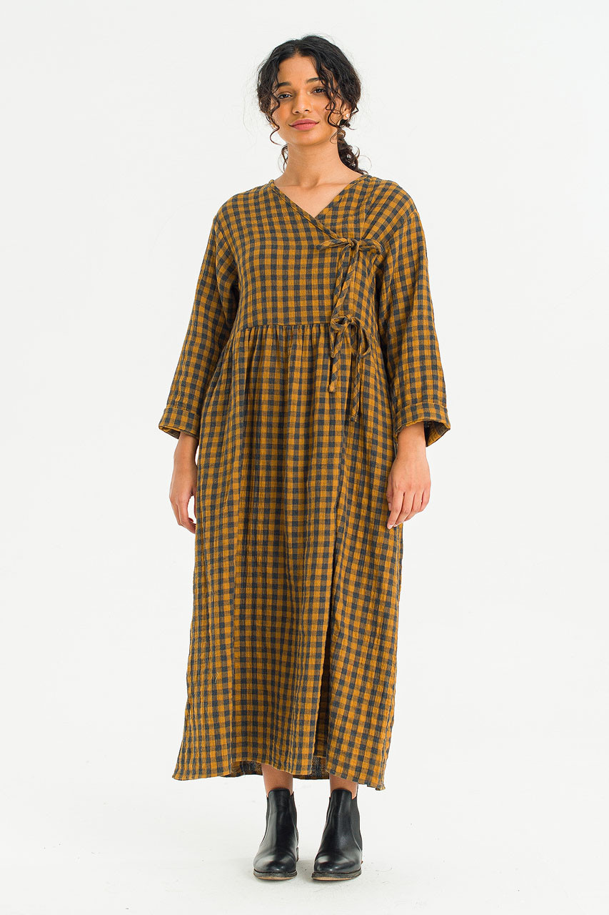 Tasha Double Face Wrap Check Dress, Mustard