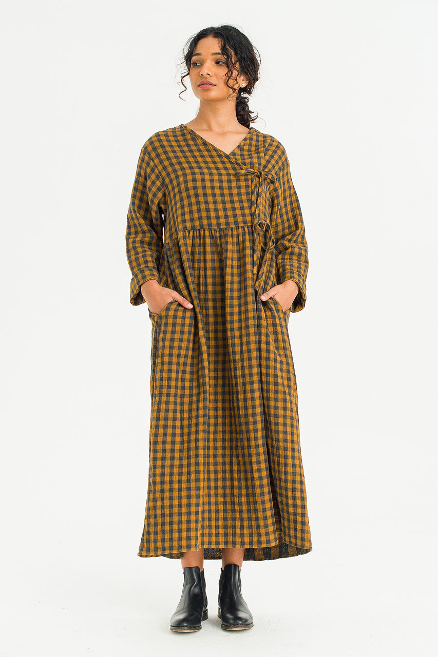 Tasha Double Face Wrap Check Dress, Mustard