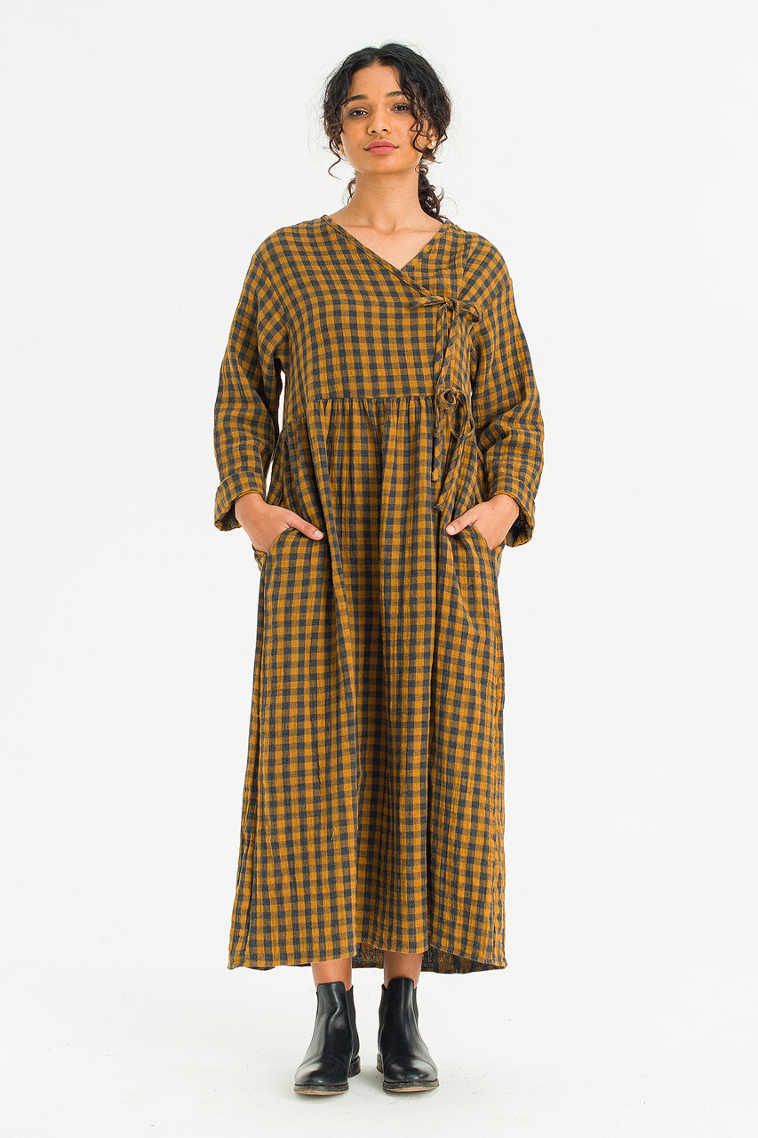 Tasha Double Face Wrap Check Dress, Mustard