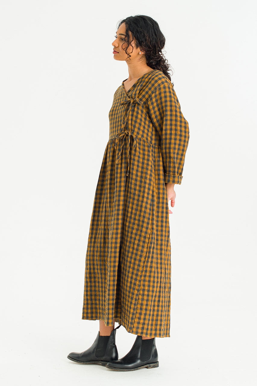 Tasha Double Face Wrap Check Dress, Mustard