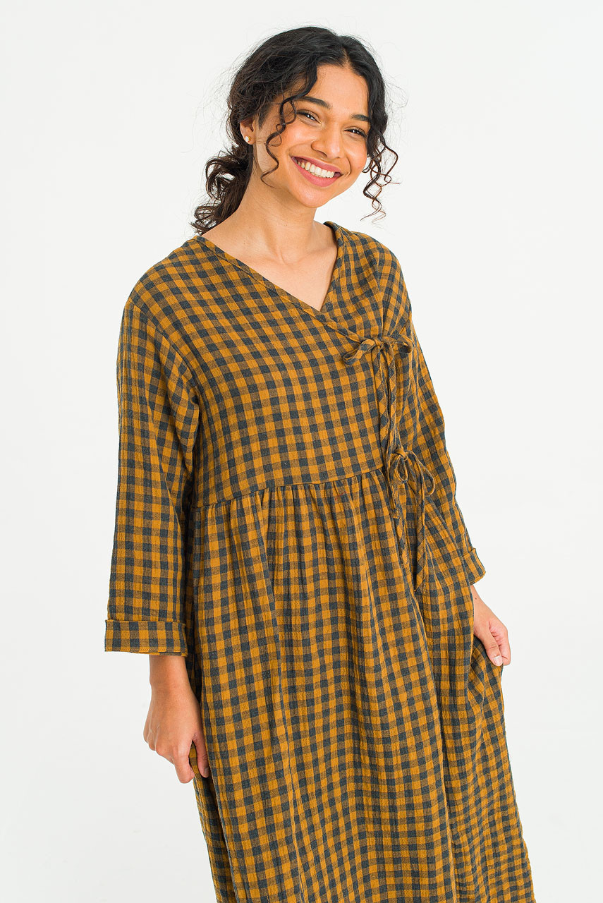 Tasha Double Face Wrap Check Dress, Mustard
