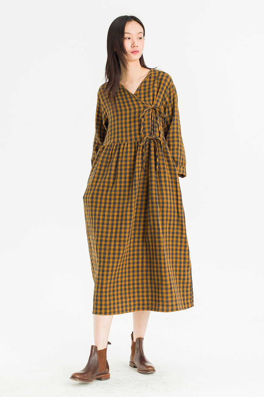 Tasha Double Face Wrap Check Dress, Mustard