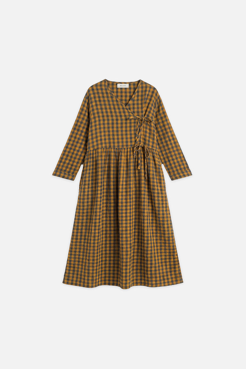 Tasha Double Face Wrap Check Dress, Mustard