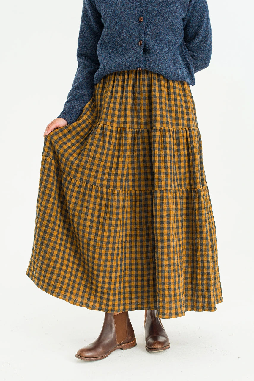 Tasha Double Face Check Skirt, Mustard