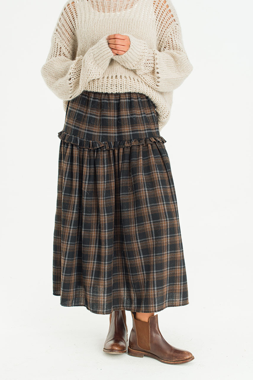 Bori Check Mid Length Skirt, Black