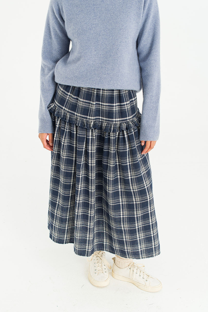 Bori Check Mid Length Skirt, Navy