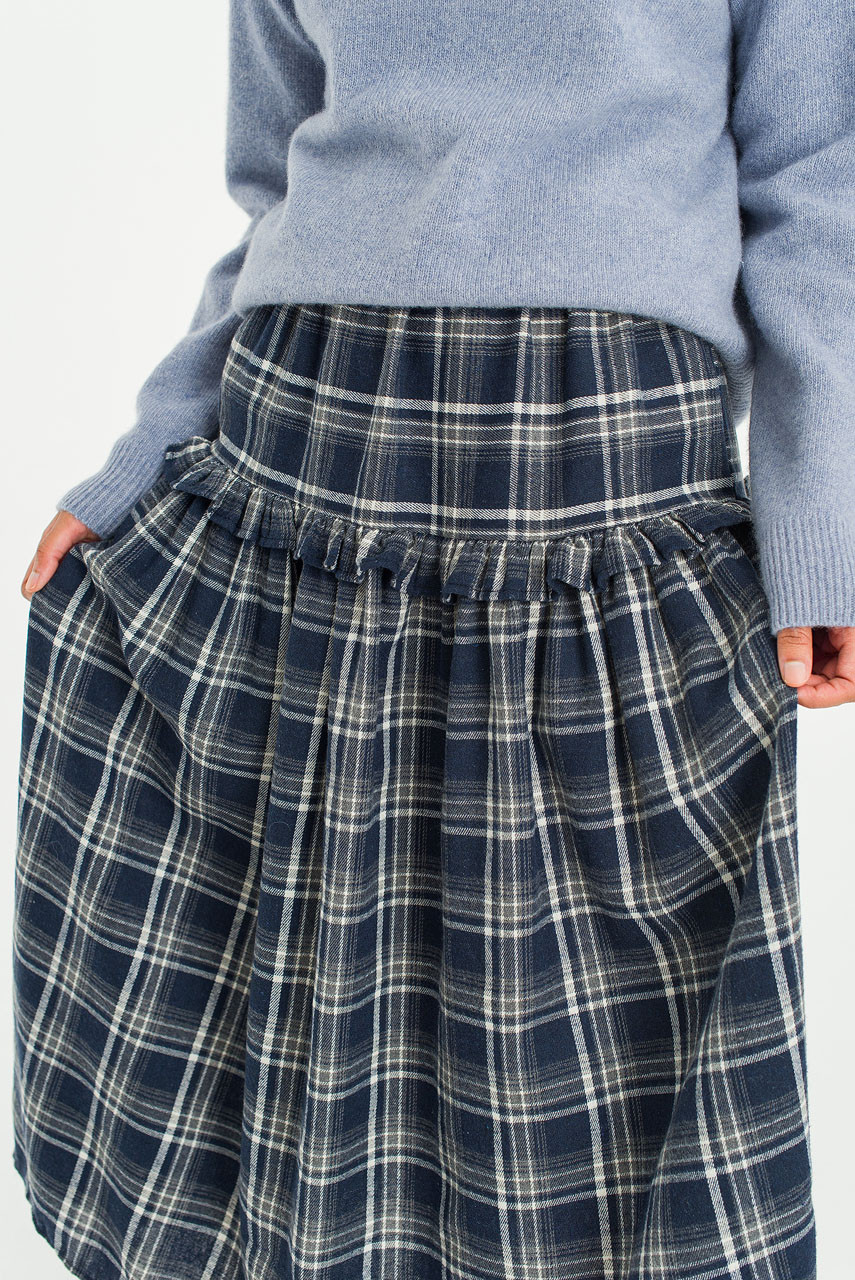 Bori Check Mid Length Skirt, Navy