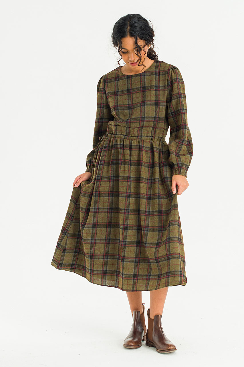 Rove Pin Tuck Check Dress, Olive