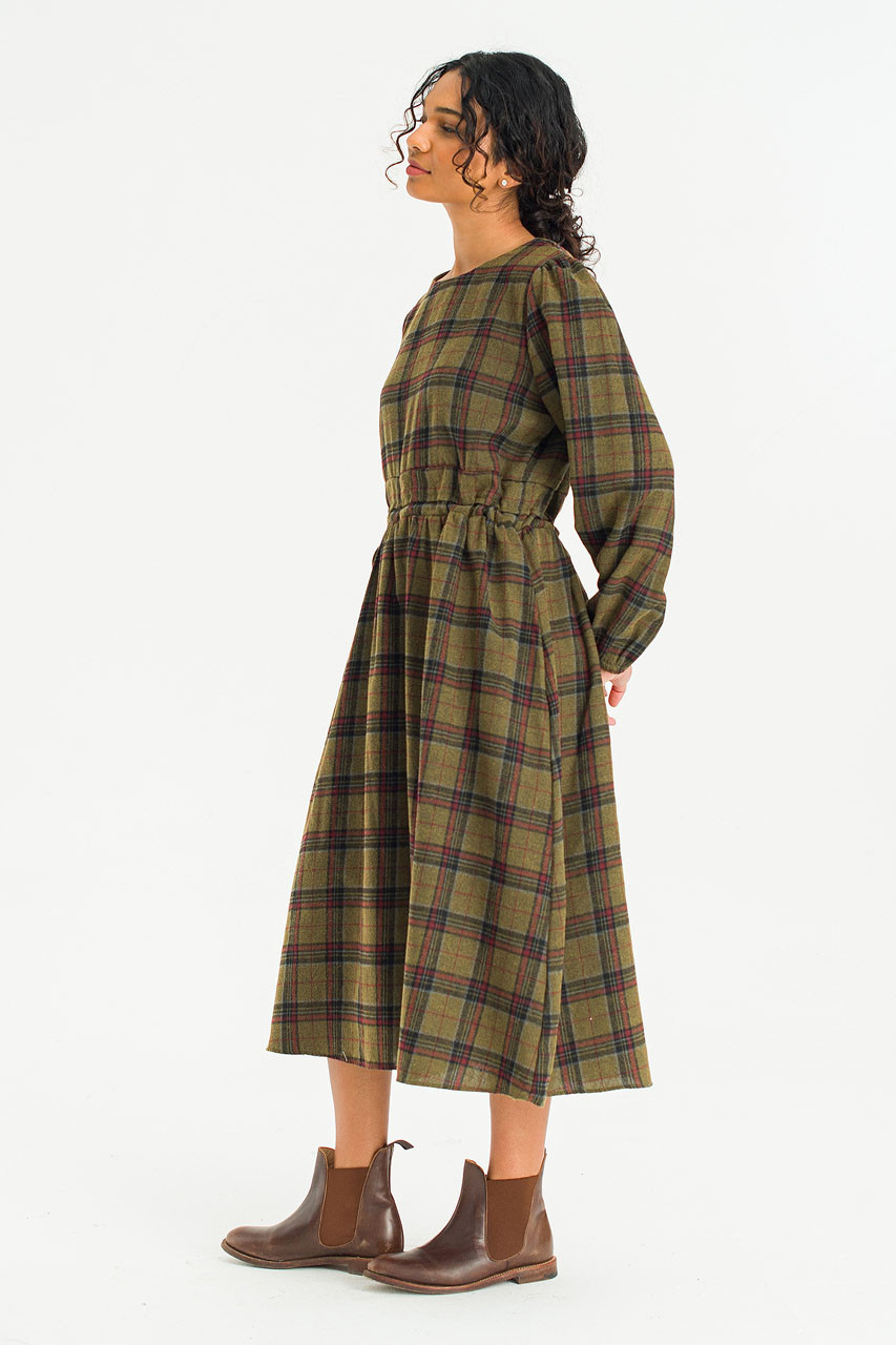 Rove Pin Tuck Check Dress, Olive