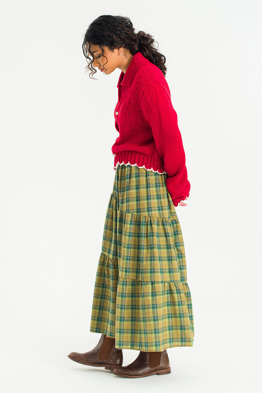 Aki Check Tiered Skirt, Khaki